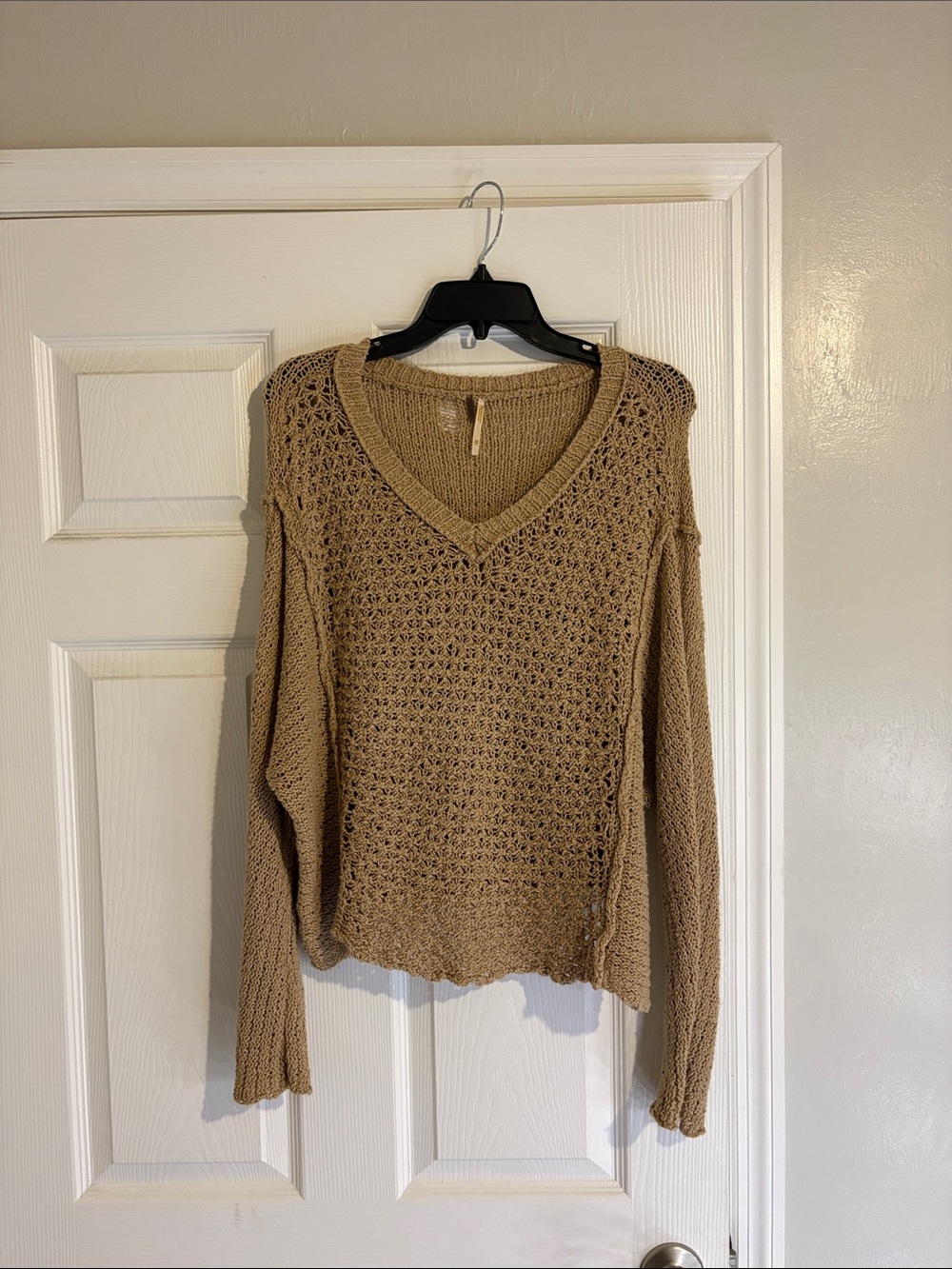 Free People Tan Open-Knit V-Neck Sweater